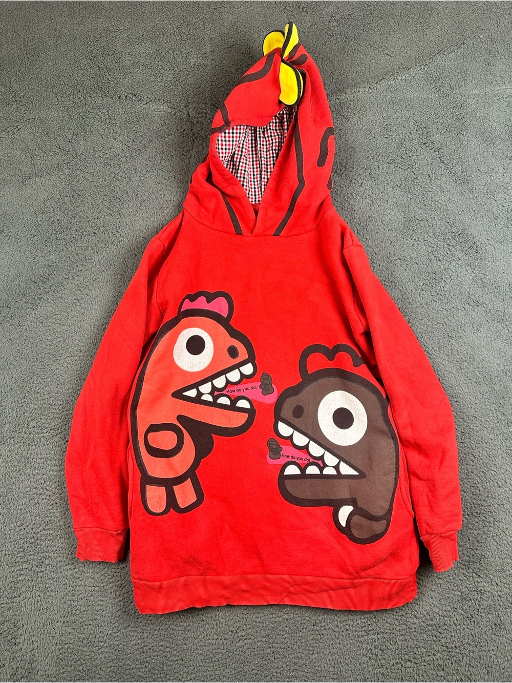 HSTYLE Red Dinosaur Graphic Hoodie Kids Small Gingham Lined Hood Spikes Pullover